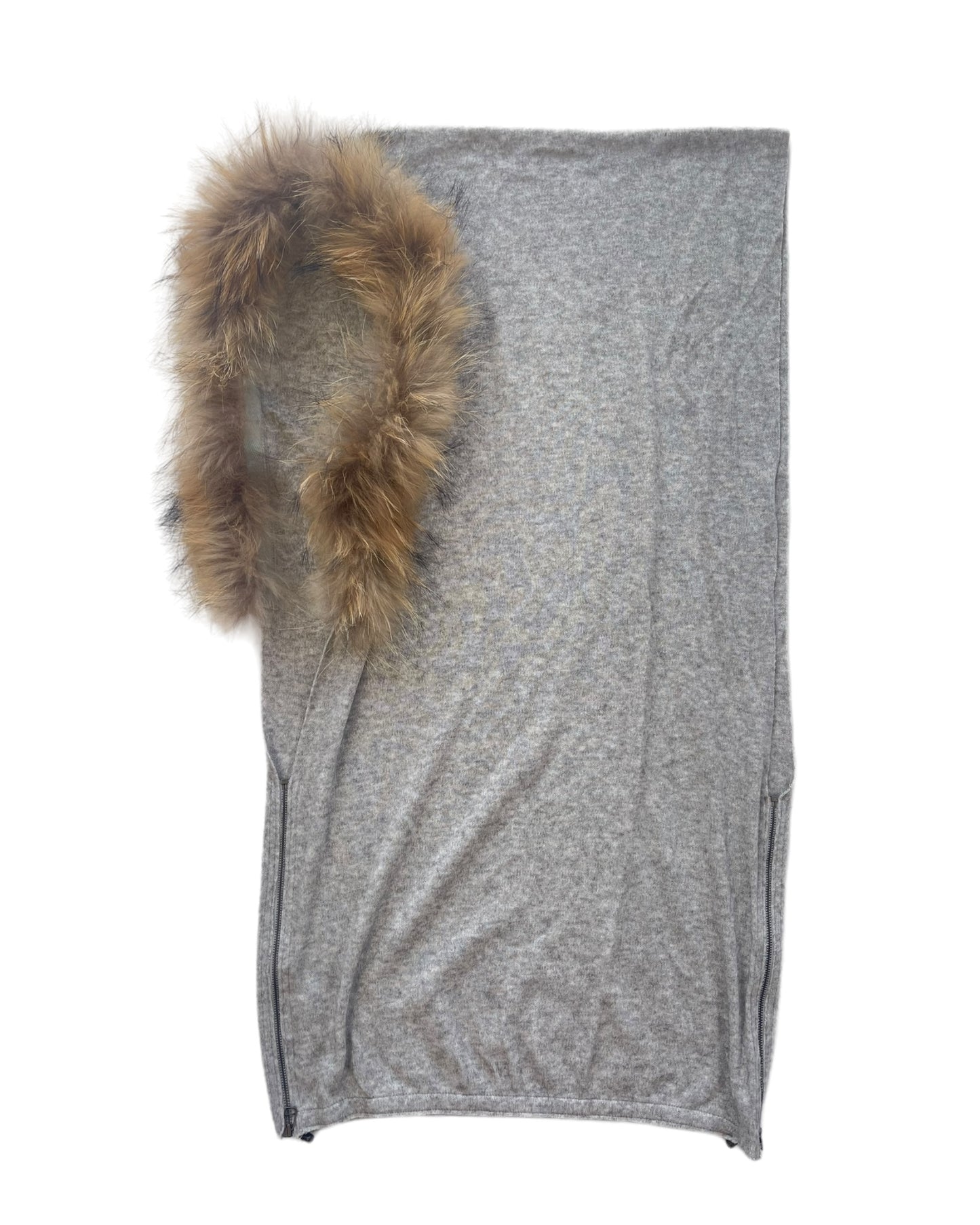 GOA Raccoon Fur Hood Knit Zip Shawl + Layer Knit Raw Hem Sweater