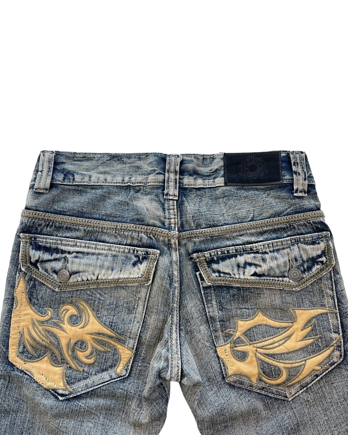 2000s Tornado Mart Tribal Embroidery Twisted Seam Chain Stitch Denim