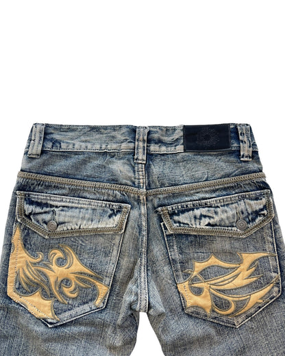 2000s Tornado Mart Tribal Embroidery Twisted Seam Chain Stitch Denim