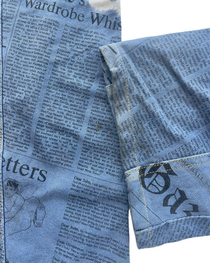 2000s John Galliano J-Cut Panel Leather Patch Gazette Newspaper Denim