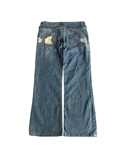 In The Attic Double Waist Studded Fringe Straight Denim