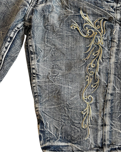 Tornado Mart Leather Detail Embroidery Denim Jean Shorts