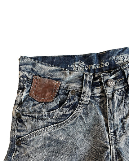 Tornado Mart Leather Detail Embroidery Denim Jean Shorts