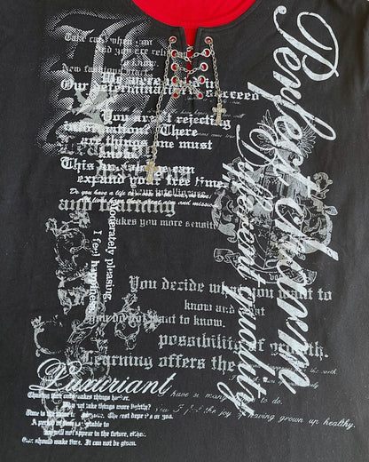 Triune 3 Design Gothic Poem Eyelet Cross Chain Layer T-Shirt