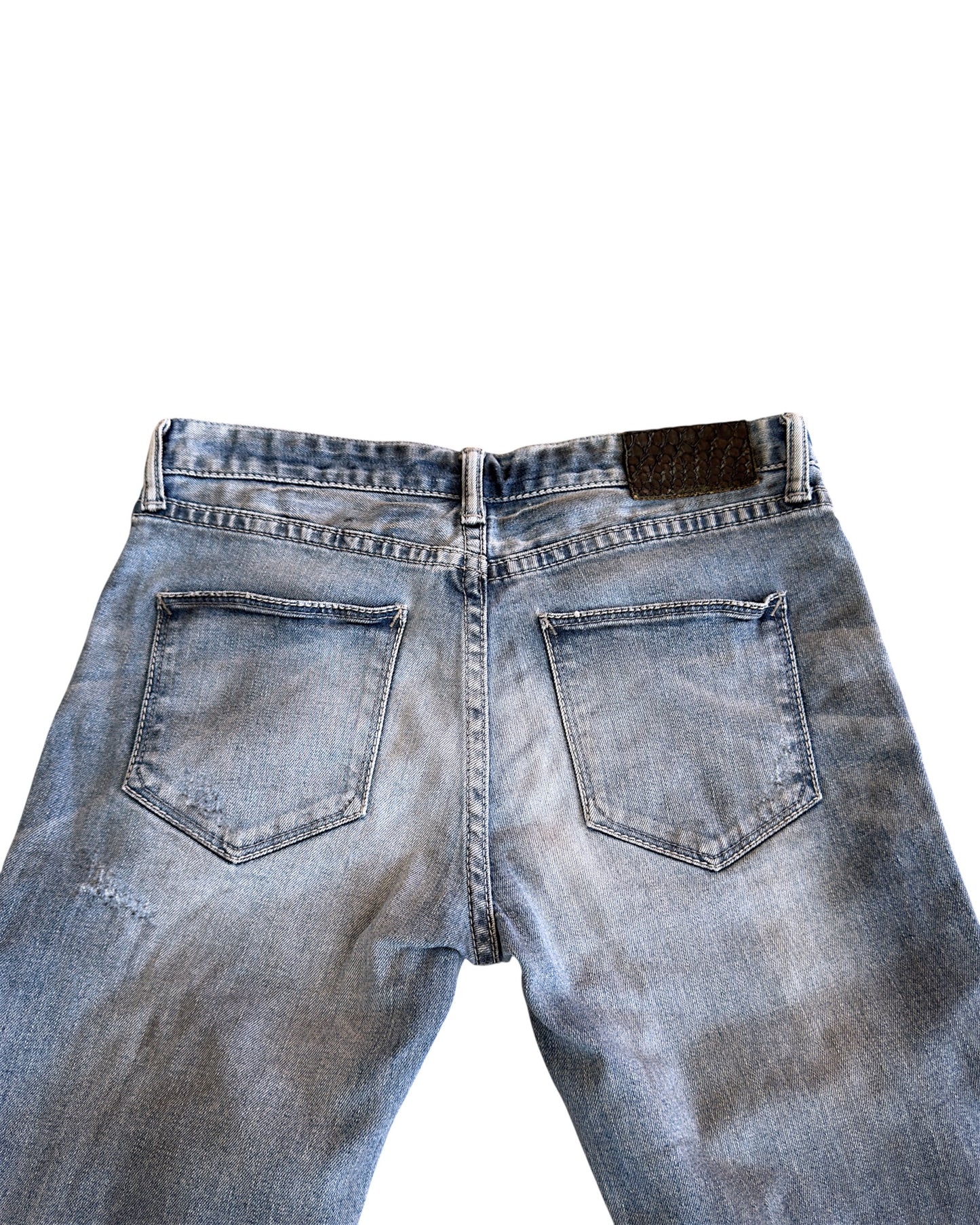 FUGA 2000s Light Blue Washed Black Oil Distressed Denim Jeans