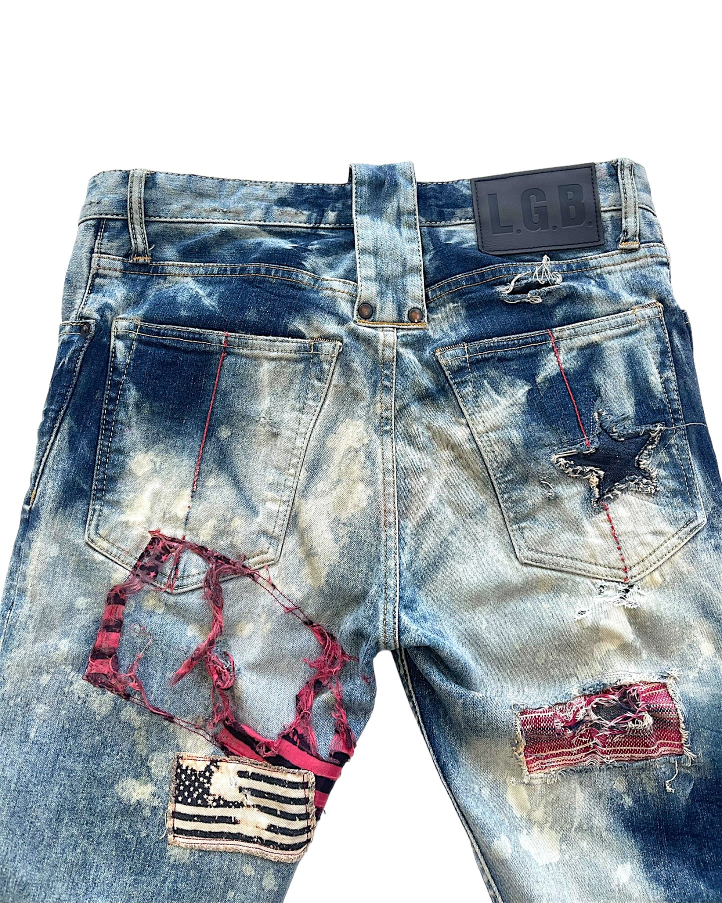 L.G.B. (Le Grand Bleu) S-Wolf Stars & Stripes Patches Leather Repair Bleach Denim