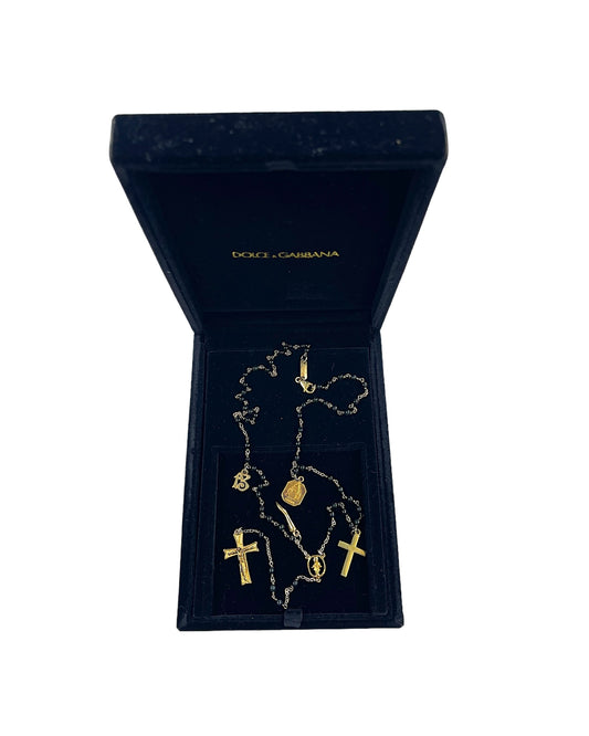 Dolce & Gabbana Gold Alloy Black Jade Cross Rosary Charms Necklace