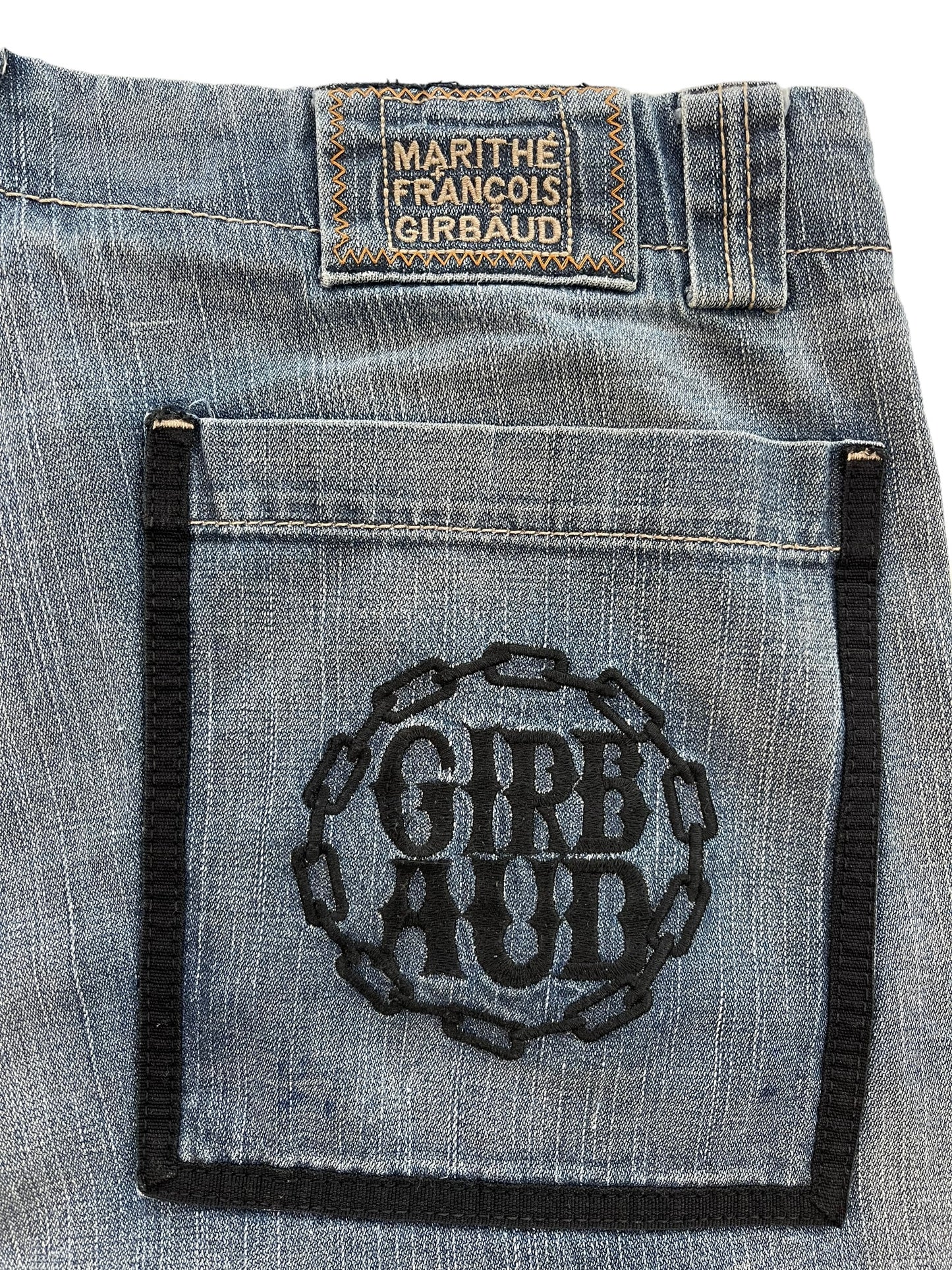 2000s Marithé + François Girbaud Chain Embroidery Cargo Velcro Strap Denim Pants