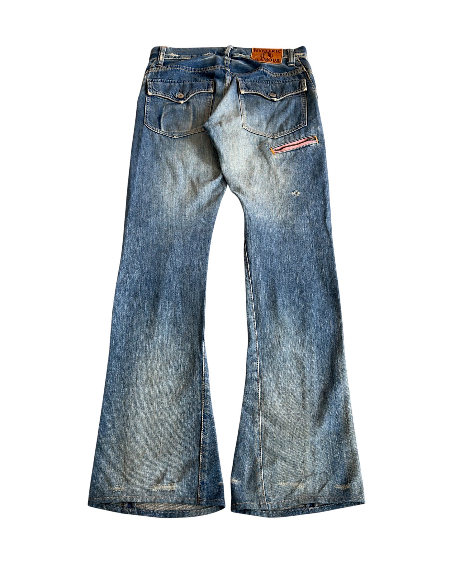 Hysteric Glamour 2000s Light Blue Sand Washed Studded Distressed Flare Denim Jeans