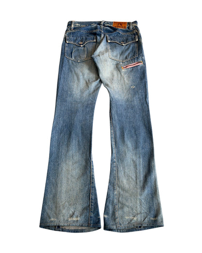 Hysteric Glamour 2000s Light Blue Sand Washed Studded Distressed Flare Denim Jeans