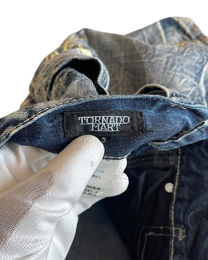 Tornado Mart Leather Detail Embroidery Denim Jean Shorts