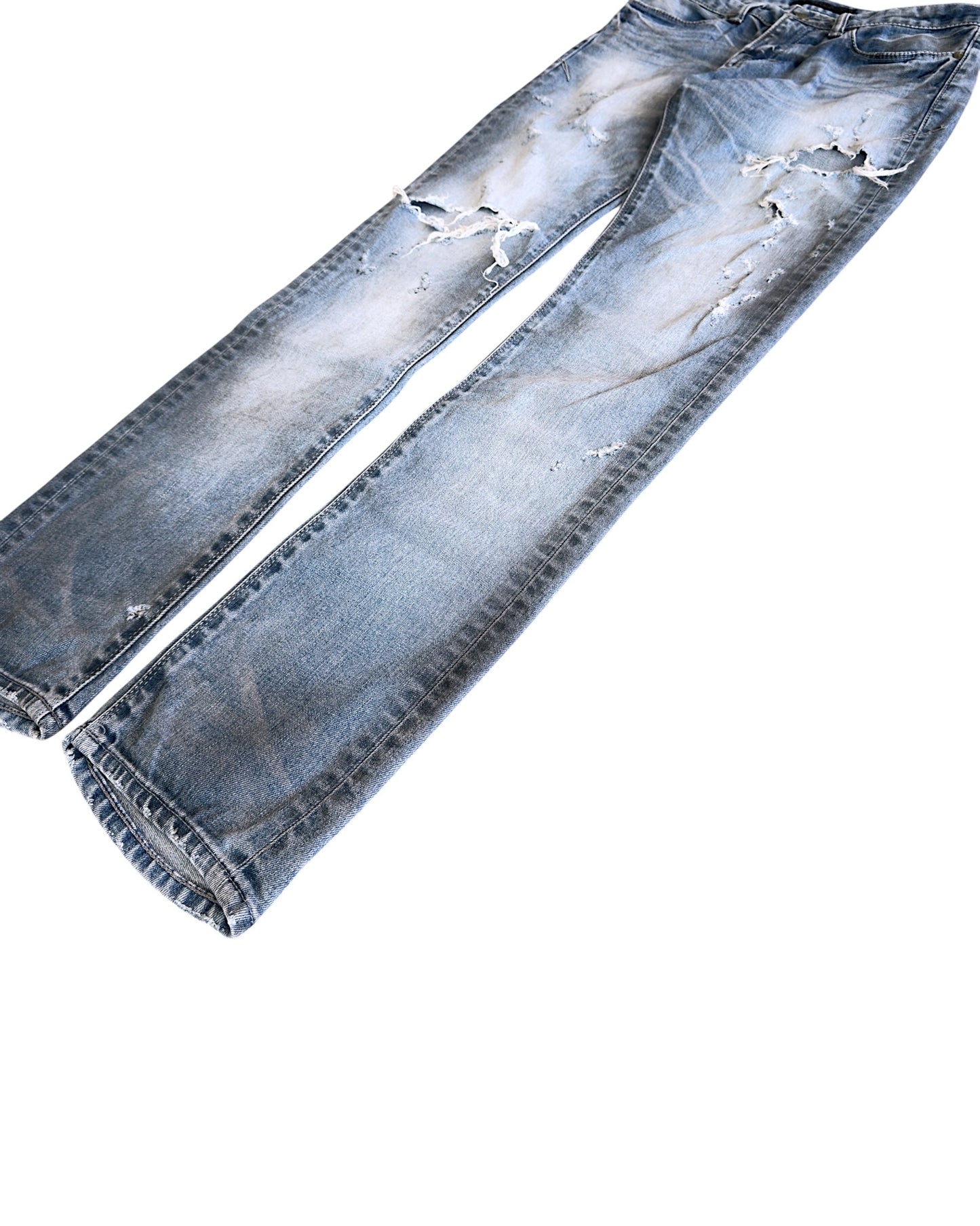 FUGA 2000s Light Blue Washed Black Oil Distressed Denim Jeans