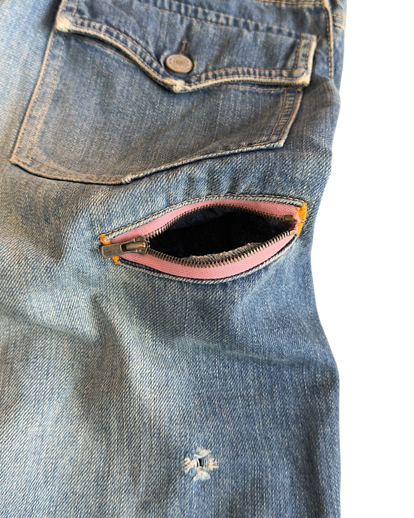 Hysteric Glamour 2000s Light Blue Sand Washed Studded Distressed Flare Denim Jeans