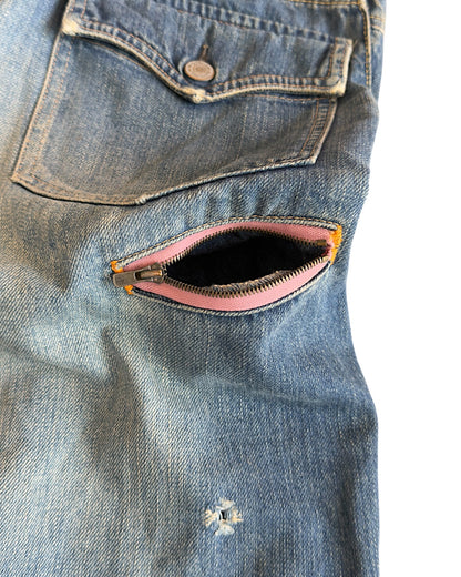 Hysteric Glamour 2000s Light Blue Sand Washed Studded Distressed Flare Denim Jeans