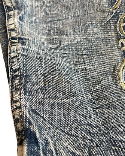 Tornado Mart Leather Detail Embroidery Denim Jean Shorts