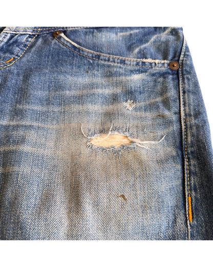 Hysteric Glamour 2000s Light Blue Sand Washed Studded Distressed Flare Denim Jeans