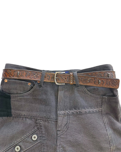 Cabane De Zucca Silver Skull Floral Embossed Leather Belt