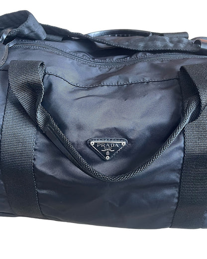 Prada Nylon & Leather Trim Drum Duffle Luggage Bag