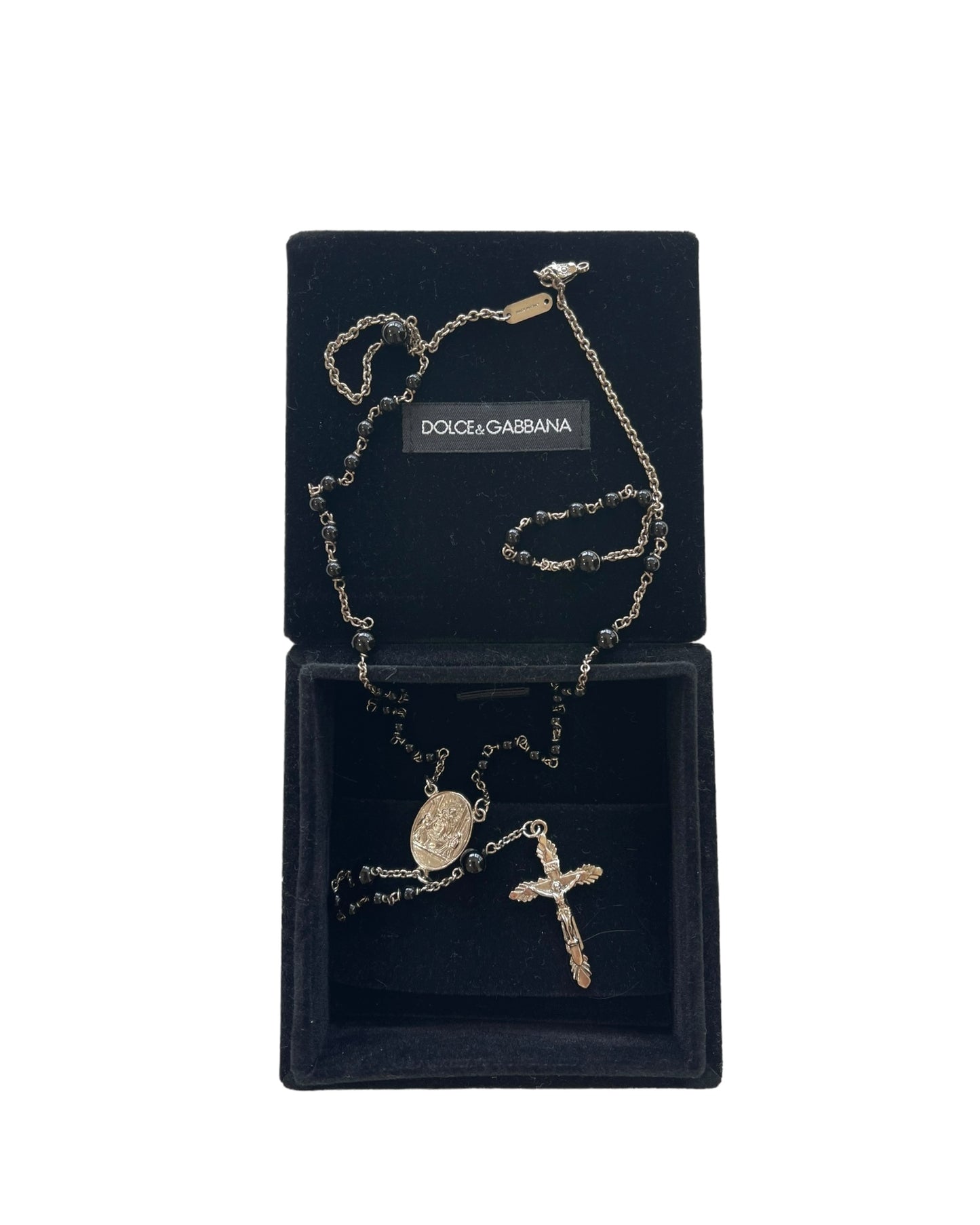 Dolce & Gabbana Black Bead Rosary Cross Mary Brass Necklace