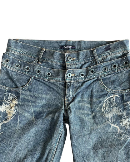 In The Attic Double Waist Studded Fringe Straight Denim