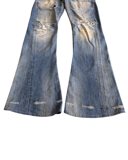 Hysteric Glamour 2000s Light Blue Sand Washed Studded Distressed Flare Denim Jeans