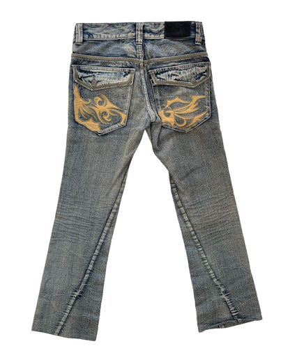 2000s Tornado Mart Tribal Embroidery Twisted Seam Chain Stitch Denim