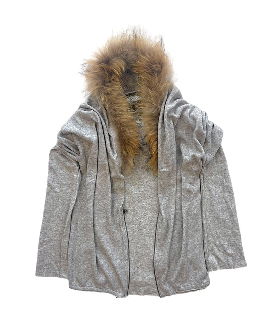 GOA Raccoon Fur Hood Knit Zip Shawl + Layer Knit Raw Hem Sweater