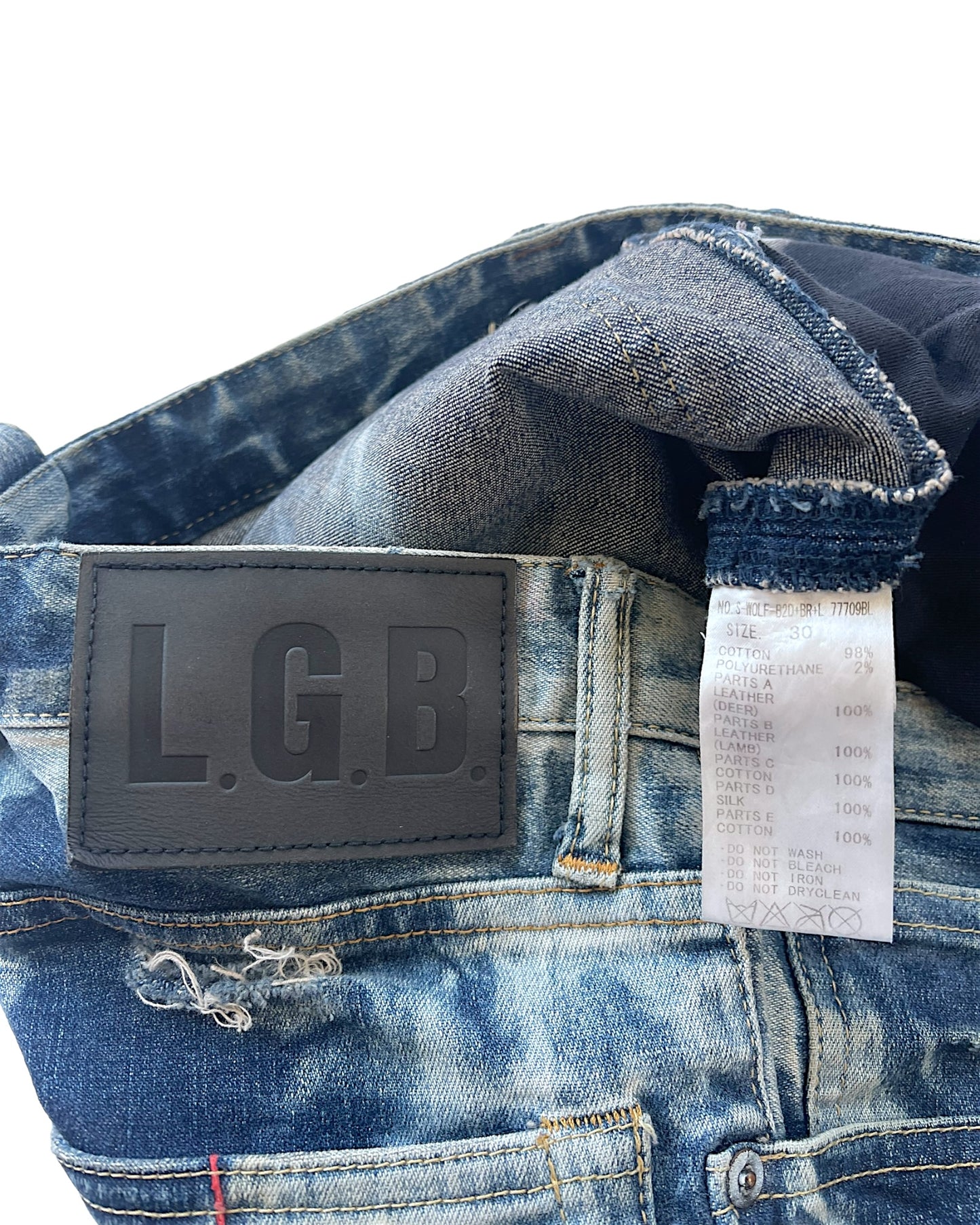 L.G.B. (Le Grand Bleu) S-Wolf Stars & Stripes Patches Leather Repair Bleach Denim