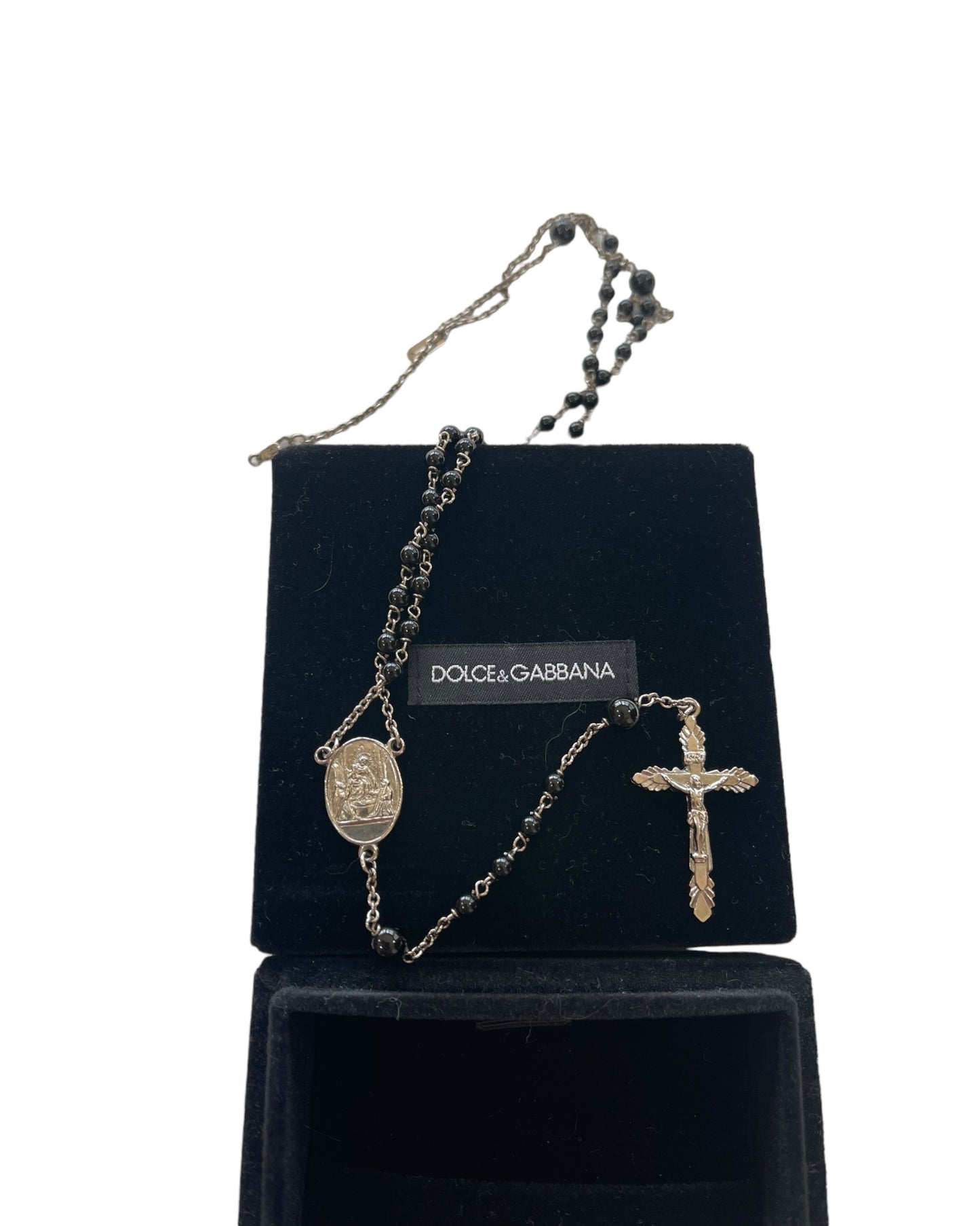 Dolce & Gabbana Black Bead Rosary Cross Mary Brass Necklace