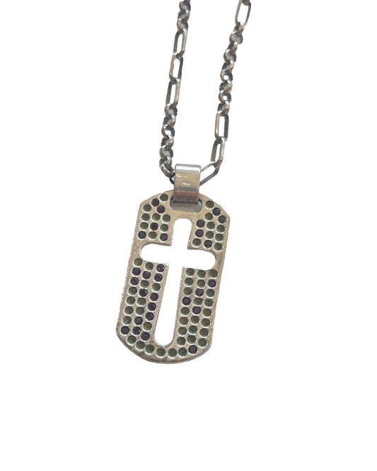 Dolce & Gabbana .925 Sterling Silver Gem Stones Cross Dog Tag Necklace