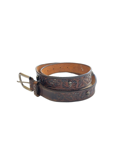 Cabane De Zucca Silver Skull Floral Embossed Leather Belt