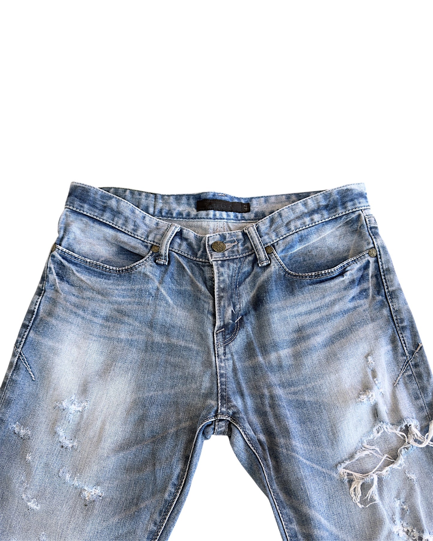 FUGA 2000s Light Blue Washed Black Oil Distressed Denim Jeans