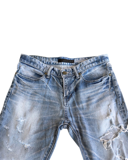 FUGA 2000s Light Blue Washed Black Oil Distressed Denim Jeans