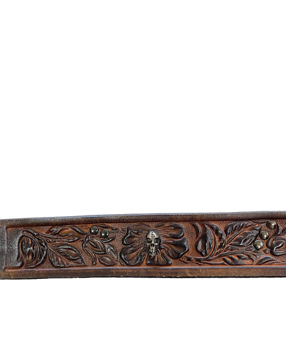 Cabane De Zucca Silver Skull Floral Embossed Leather Belt