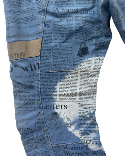 2000s John Galliano J-Cut Panel Leather Patch Gazette Newspaper Denim