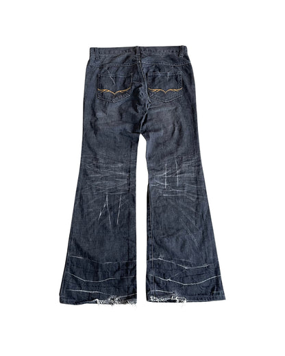 FUGA Distressed Marble Wash Flare Denim Jeans