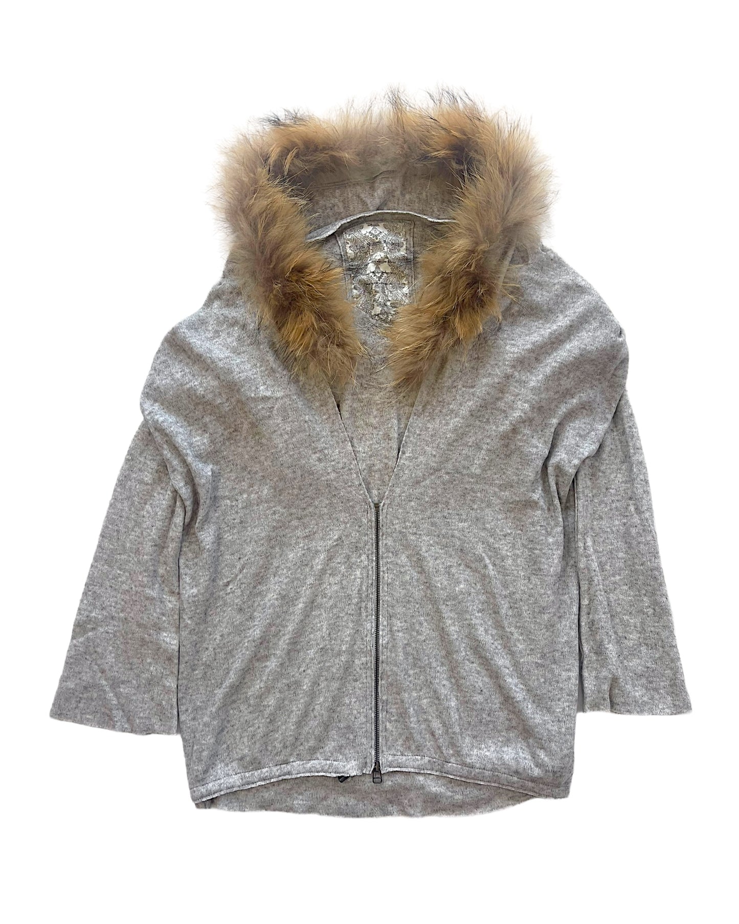 GOA Raccoon Fur Hood Knit Zip Shawl + Layer Knit Raw Hem Sweater