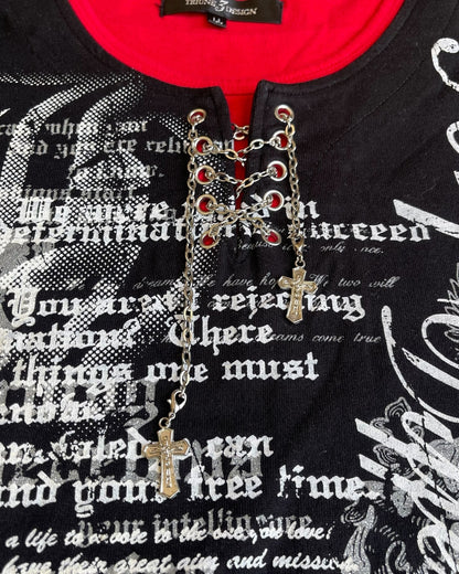 Triune 3 Design Gothic Poem Eyelet Cross Chain Layer T-Shirt