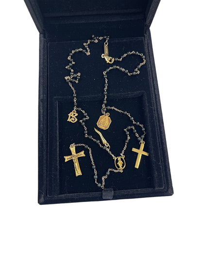 Dolce & Gabbana Gold Alloy Black Jade Cross Rosary Charms Necklace