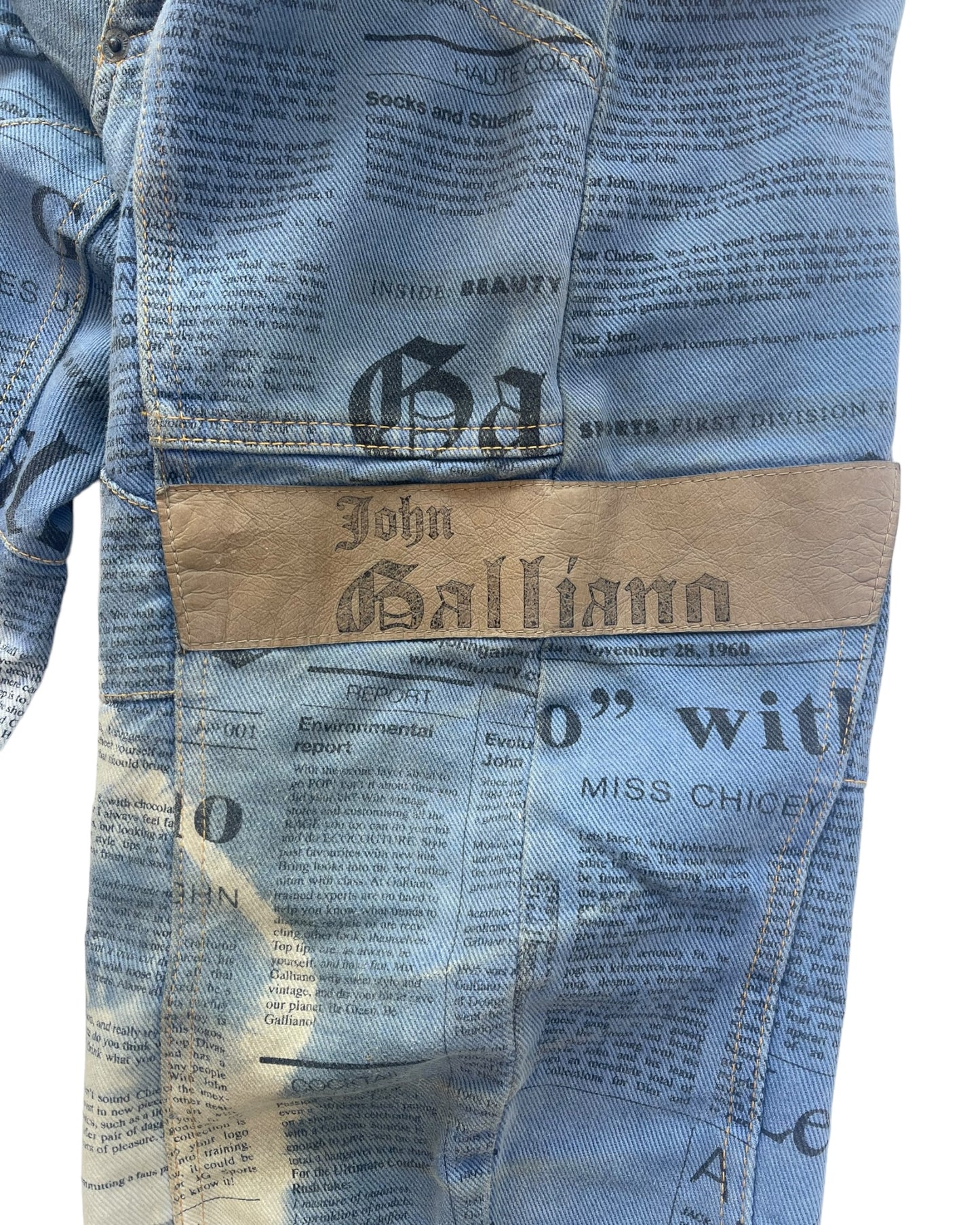 2000s John Galliano J-Cut Panel Leather Patch Gazette Newspaper Denim