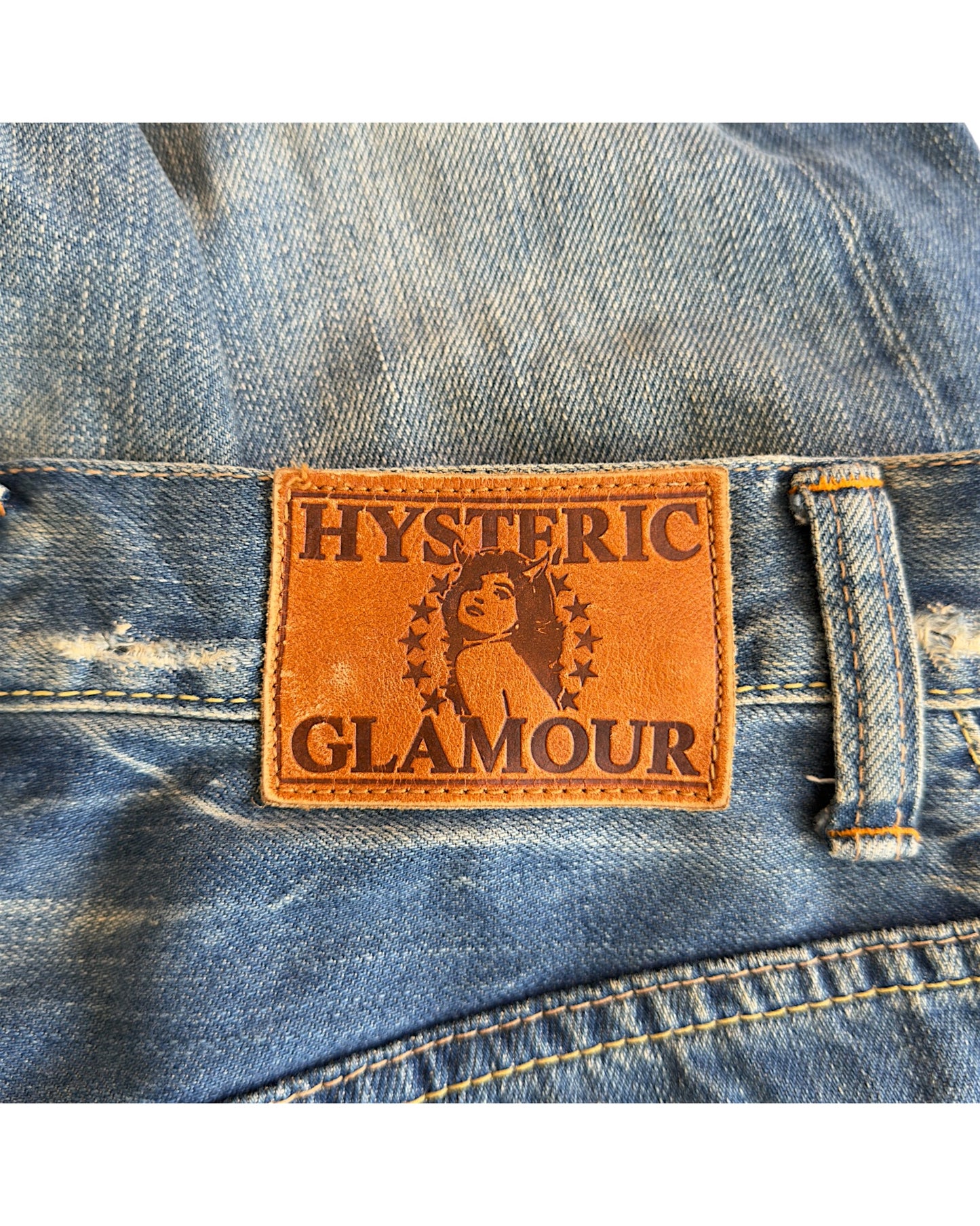 Hysteric Glamour 2000s Light Blue Sand Washed Studded Distressed Flare Denim Jeans