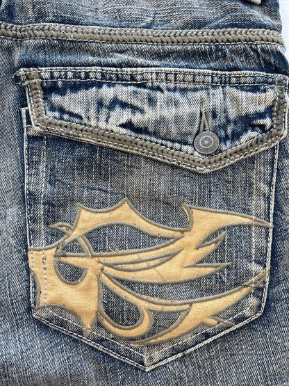 2000s Tornado Mart Tribal Embroidery Twisted Seam Chain Stitch Denim