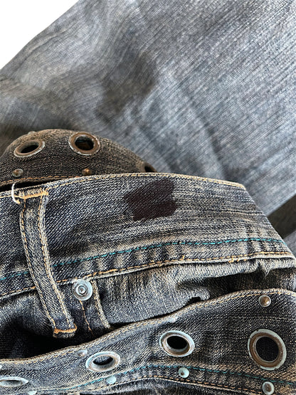 In The Attic Double Waist Studded Fringe Straight Denim