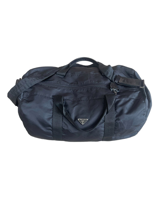 Prada Nylon & Leather Trim Drum Duffle Luggage Bag