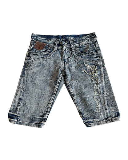 Tornado Mart Leather Detail Embroidery Denim Jean Shorts