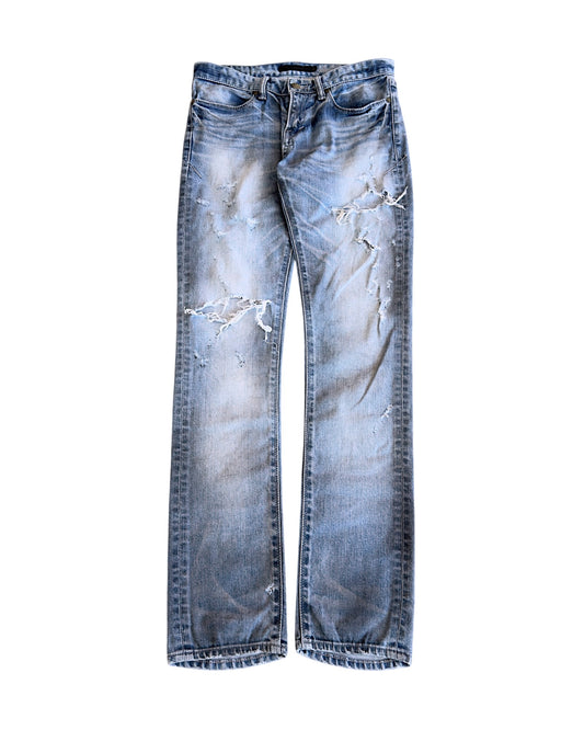 FUGA 2000s Light Blue Washed Black Oil Distressed Denim Jeans