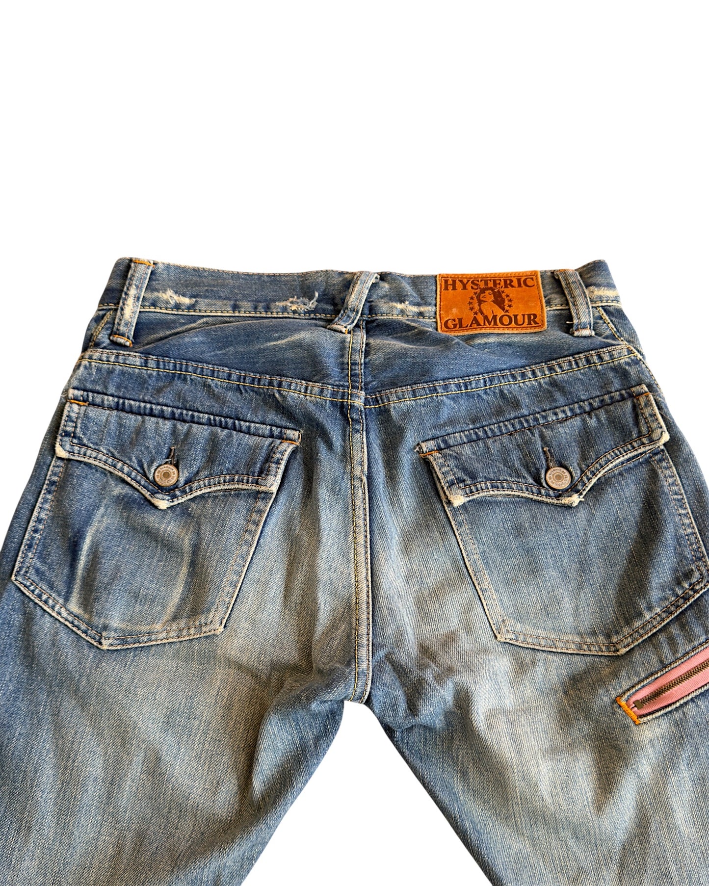 Hysteric Glamour 2000s Light Blue Sand Washed Studded Distressed Flare Denim Jeans
