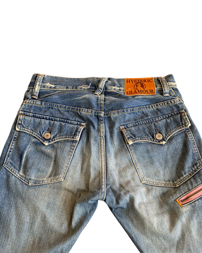 Hysteric Glamour 2000s Light Blue Sand Washed Studded Distressed Flare Denim Jeans