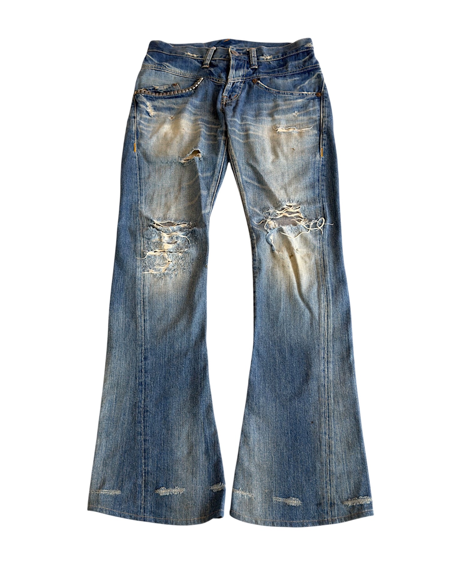 Hysteric Glamour 2000s Light Blue Sand Washed Studded Distressed Flare Denim Jeans