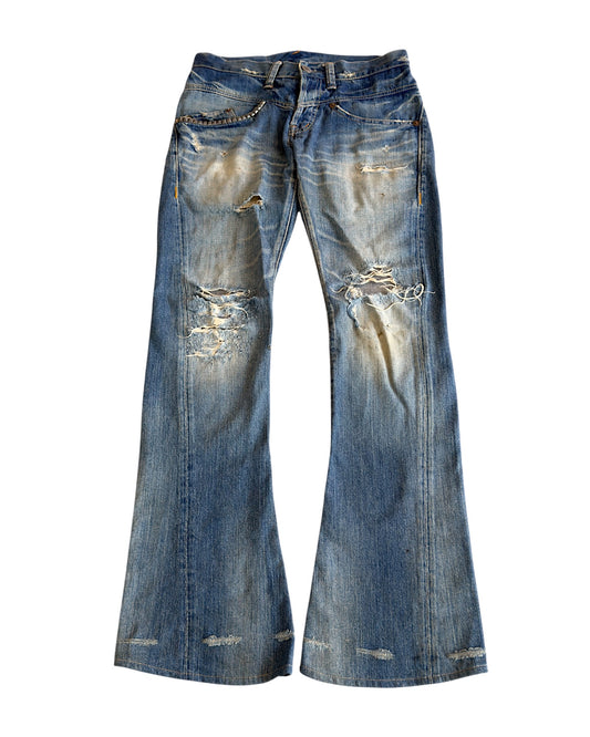 Hysteric Glamour 2000s Light Blue Sand Washed Studded Distressed Flare Denim Jeans